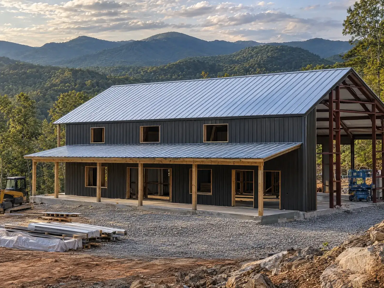 Steel barndominium shell under construction in North Georgia (illustrative)