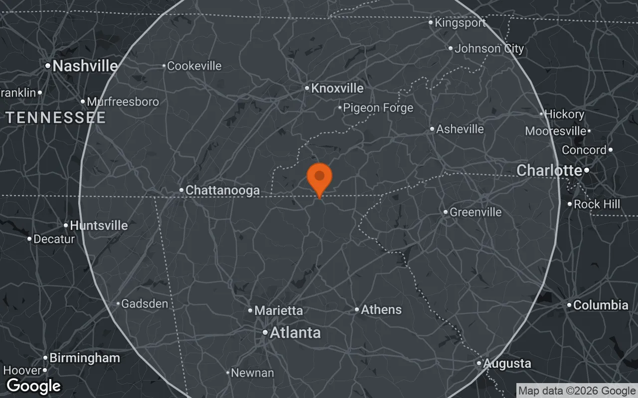Map of the Southeast Metal Buildings service area centered on Hiawassee, Georgia